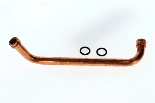 Kupferverbindungsrohr mit zwei O-Ringen, geeignet für Anwendungen von Bosch. Das Rohr hat eine gebogene Form und zwei Anschlüsse an den Enden.
